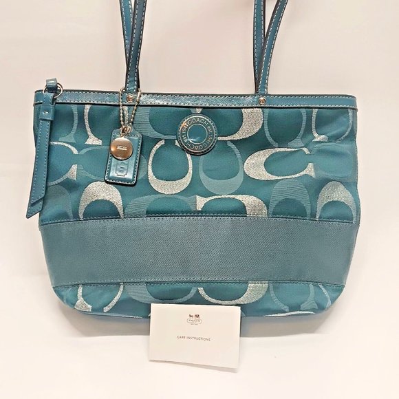 COACH F20429 Signature Stripe Metallic Turquoise Tote Shoulder Bag Purse EUC - Picture 14 of 14